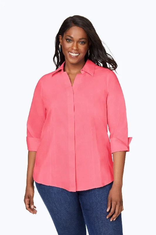 Taylor Plus Pinpoint No Iron 3/4 Sleeve Shirt, Rose Red Print Jacquard Patchwork