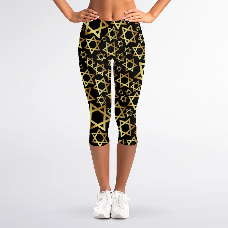Black And Gold Star of David Print Women's Capri Leggings Stylish Pockets Active Leggings