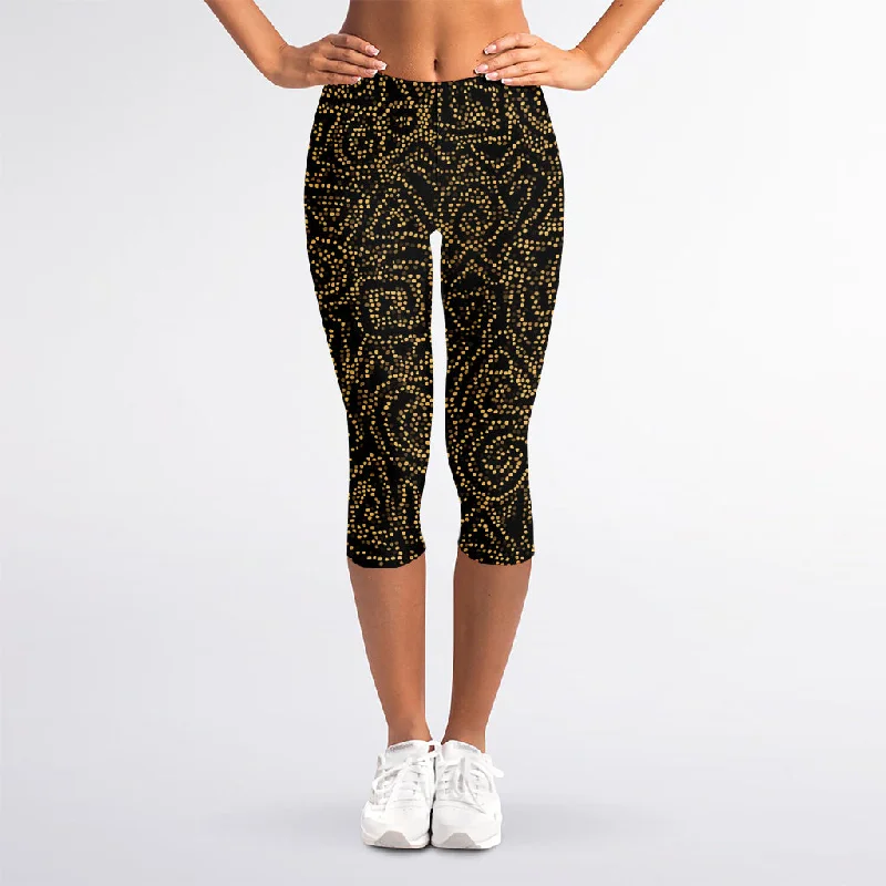 Black And Gold African Afro Print Women's Capri Leggings Trendy Black Mesh Leggings
