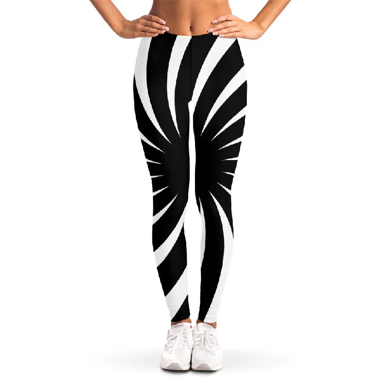 Black And White Vortex Swirl Print Women's Leggings Casual Black Leggings