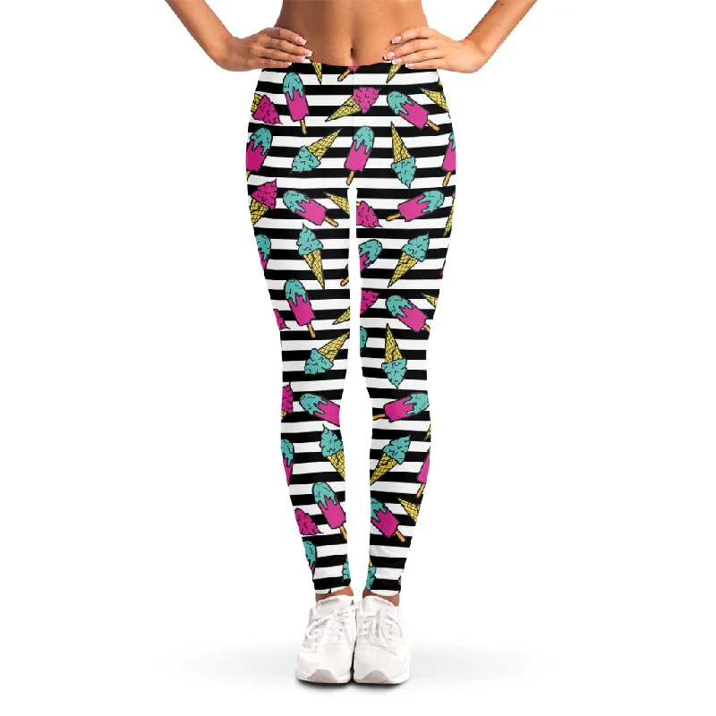 Black Striped Ice Cream Pattern Print Women's Leggings Fashionable Printed Leggings