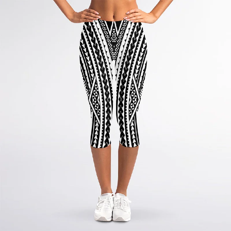 Black And White Maori Tattoo Print Women's Capri Leggings Trendy Full-Length Leggings