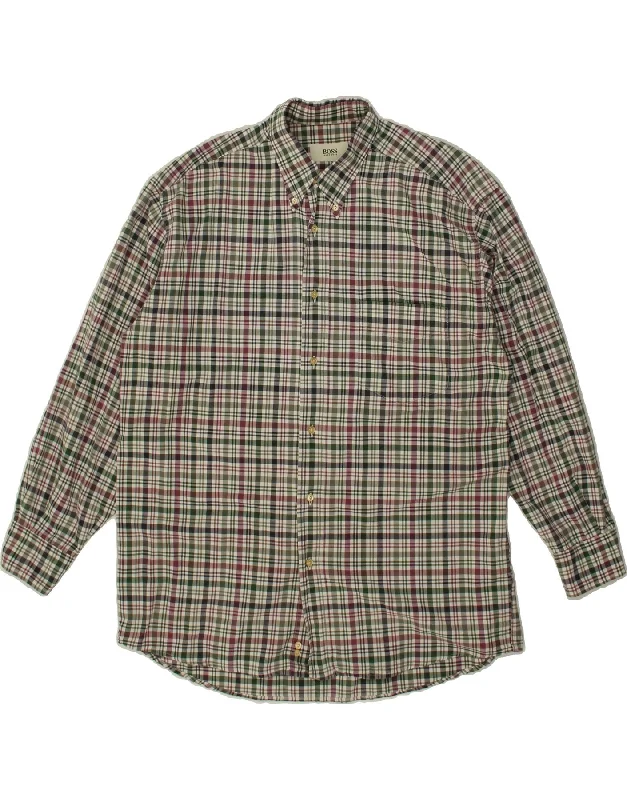 HUGO BOSS Mens Shirt Size 41 Large Green Check Knit Fabric Woven Fabric Fleece Fabric