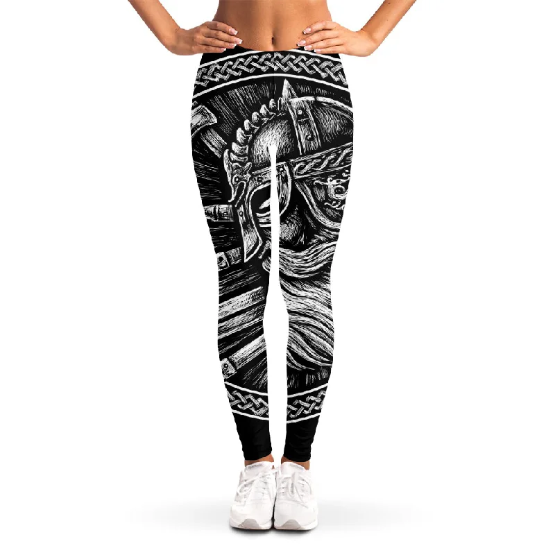 Black And White Viking God Odin Print Women's Leggings Trendy Color Block Leggings