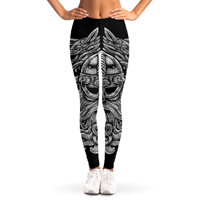 Black And White Odin With Wolfs Print Women's Leggings Trendy Ombre Effect Leggings