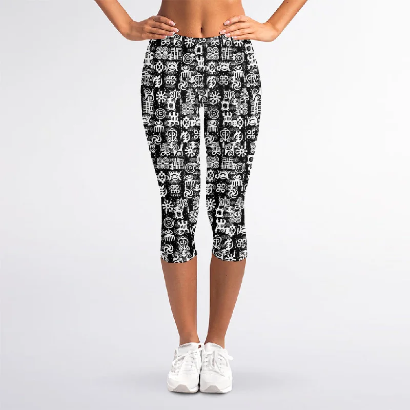 Black And White African Adinkra Symbols Women's Capri Leggings Fashionable Solid Color Tights