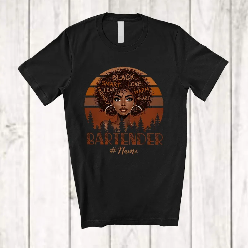 Personalized Vintage Retro Bartender; Amusing Black History Month Custom Name Afro Women Hair T-Shirt Front Pockets Side Pockets Patch Pockets