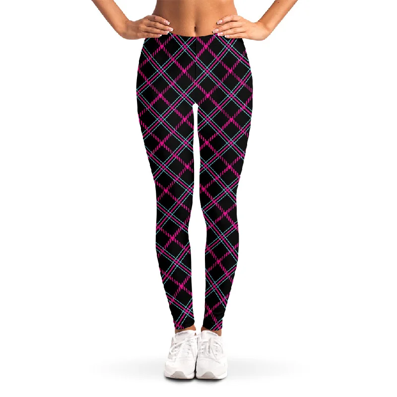 Black Pink And Blue Tartan Pattern Print Women's Leggings Elegant Satin Finish Leggings
