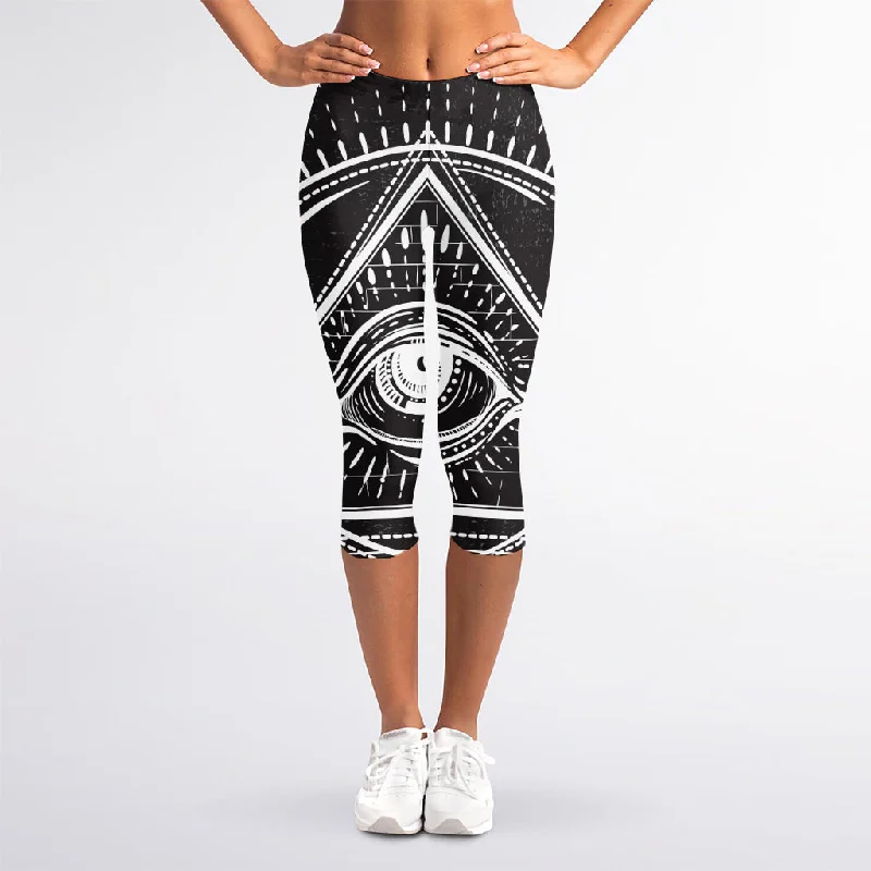Black And White Eye of Providence Print Women's Capri Leggings Fashionable Ribbed Knit Leggings