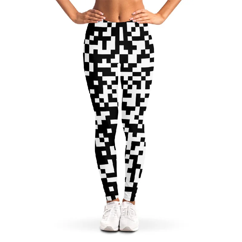 Black And White Pixel Pattern Print Women's Leggings Chic Workout Leggings