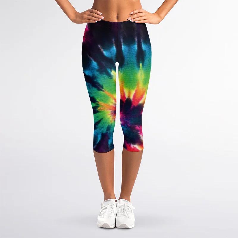 Black And Rainbow Tie Dye Print Women's Capri Leggings Stylish Yoga Leggings