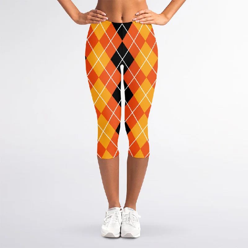 Black And Orange Argyle Pattern Print Women's Capri Leggings Trendy Activewear Leggings