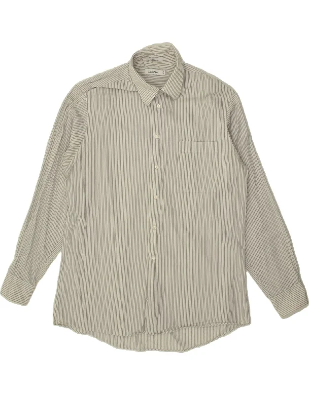 CALVIN KLEIN Mens Shirt Size 16 1/2 Large White Pinstripe Cotton Zippered Front Buttoned Front Snap Front