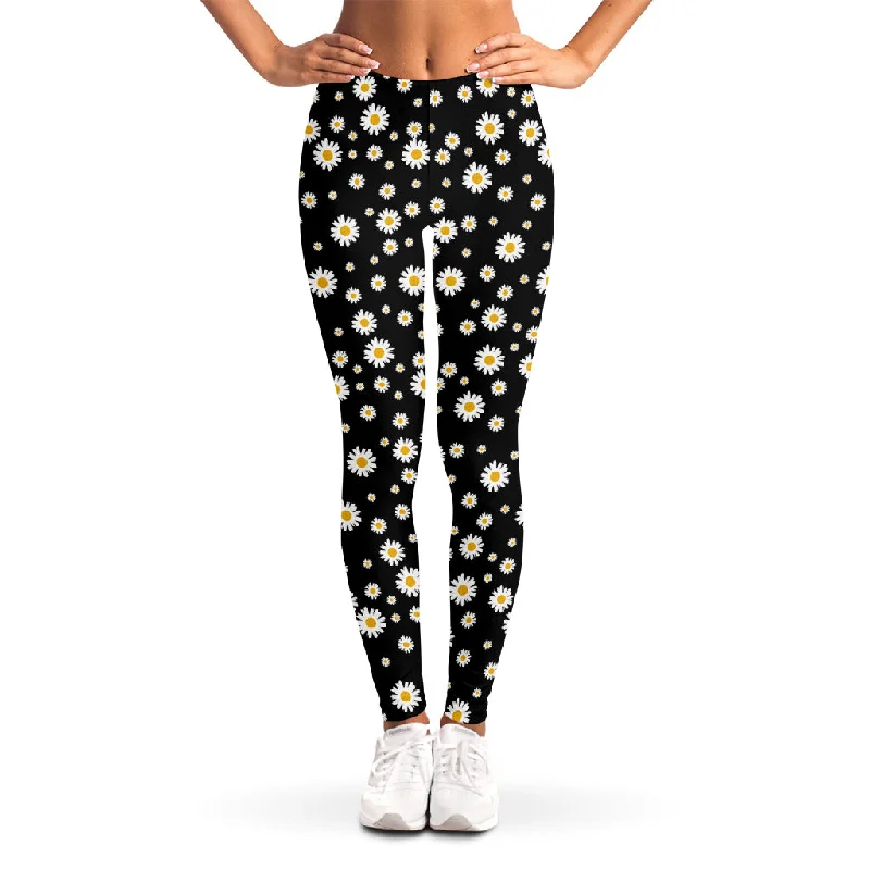 Black Daisy Floral Pattern Print Women's Leggings Chic Smooth Fit Leggings
