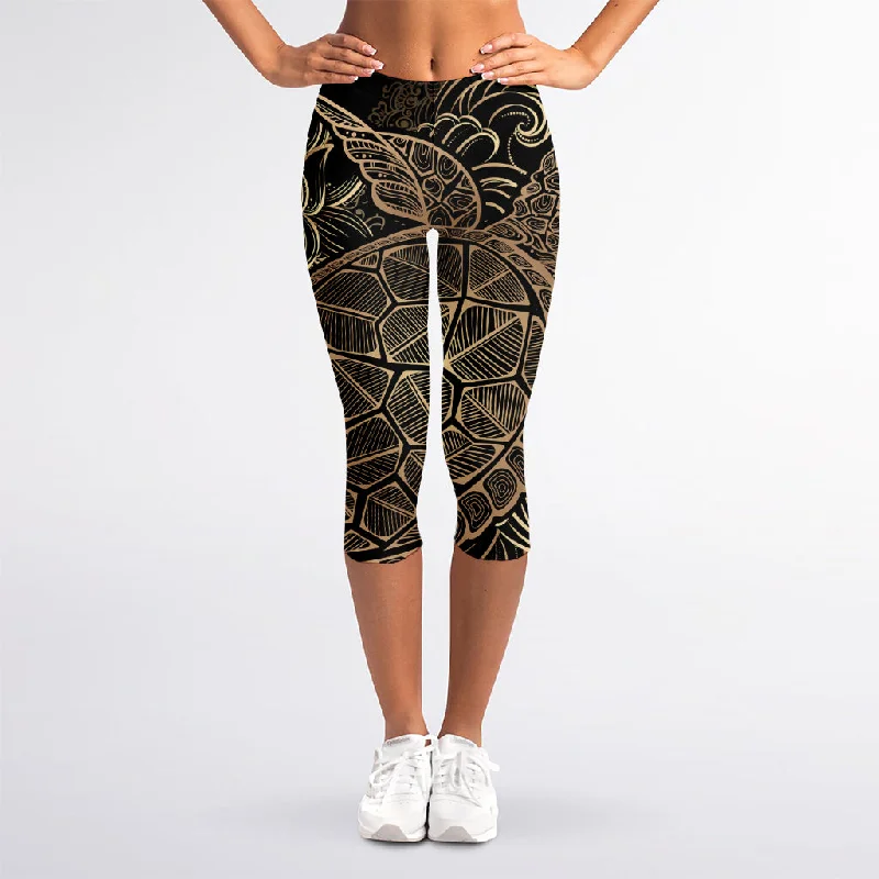 Black And Gold Sea Turtle Print Women's Capri Leggings Comfortable Power Mesh Leggings