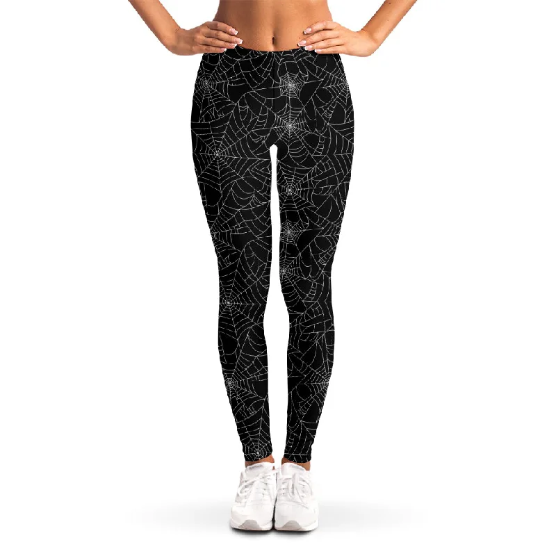 Black And White Spider Web Pattern Print Women's Leggings Comfortable Leggings with Pockets