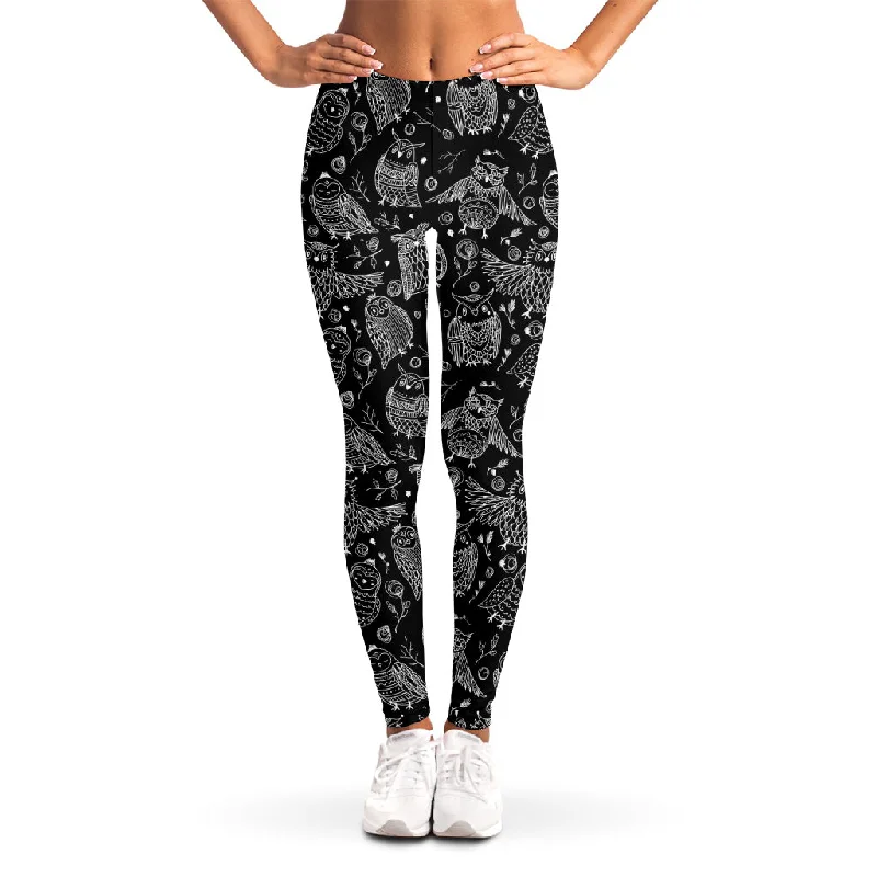 Black And White Owl Pattern Print Women's Leggings Trendy Mesh Leggings