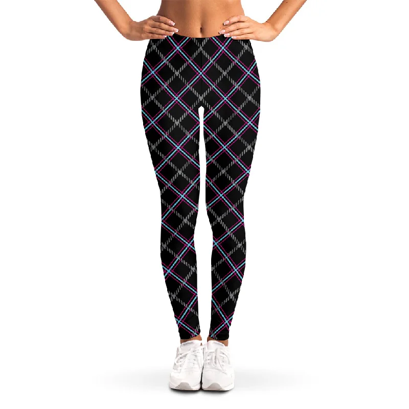 Black Grey Blue And Pink Tartan Print Women's Leggings Stylish Winter-Ready Leggings