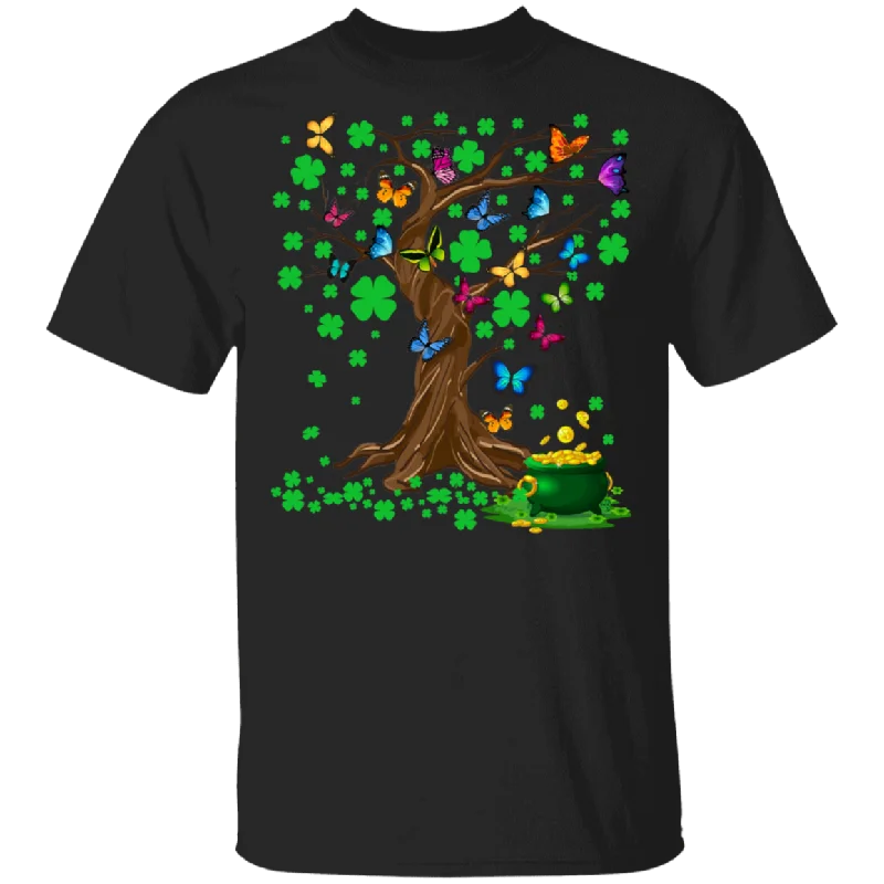 Butterflies Shamrocks Tree Funny Butterfly St Patrick's Day Gifts T-Shirt Solid Print Embellished