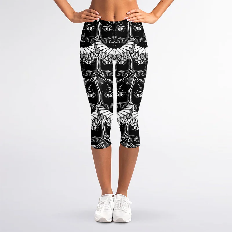 Black And White Gothic Wiccan Cat Print Women's Capri Leggings Chic Printed Yoga Pants