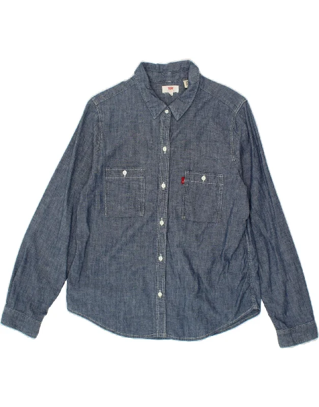 LEVI'S Womens Shirt UK 14 Medium Navy Blue Cotton Boxy Fit Fitted Loose