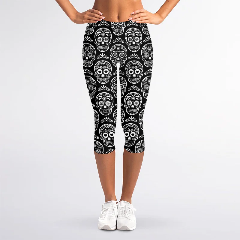 Black And White Calavera Skull Print Women's Capri Leggings Fashionable Seamless Leggings