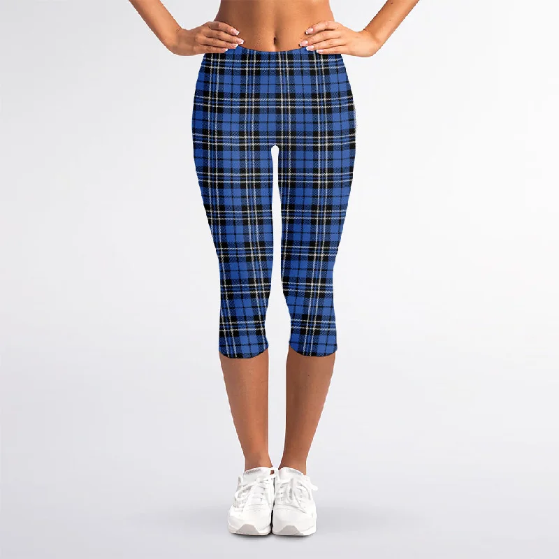 Black And Blue Tartan Pattern Print Women's Capri Leggings Trendy Cold Weather Tights