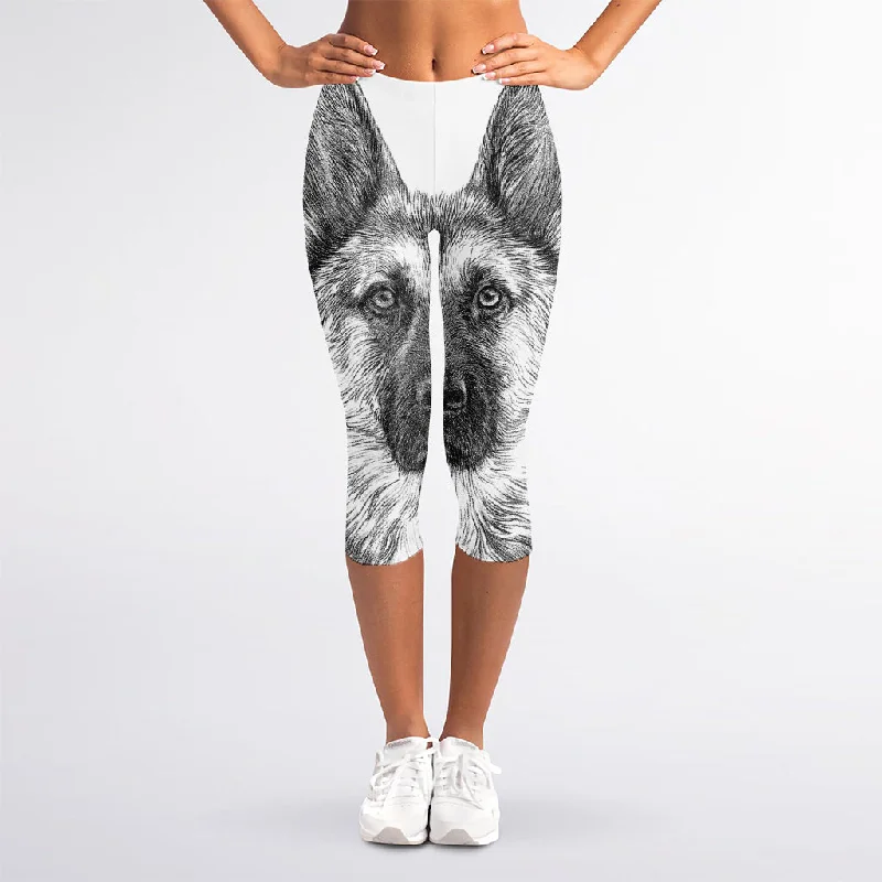 Black And White German Shepherd Print Women's Capri Leggings Trendy Adjustable Waist Leggings