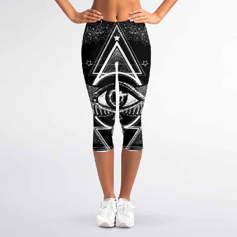 Black And White All Seeing Eye Print Women's Capri Leggings Stylish Sporty Performance Leggings