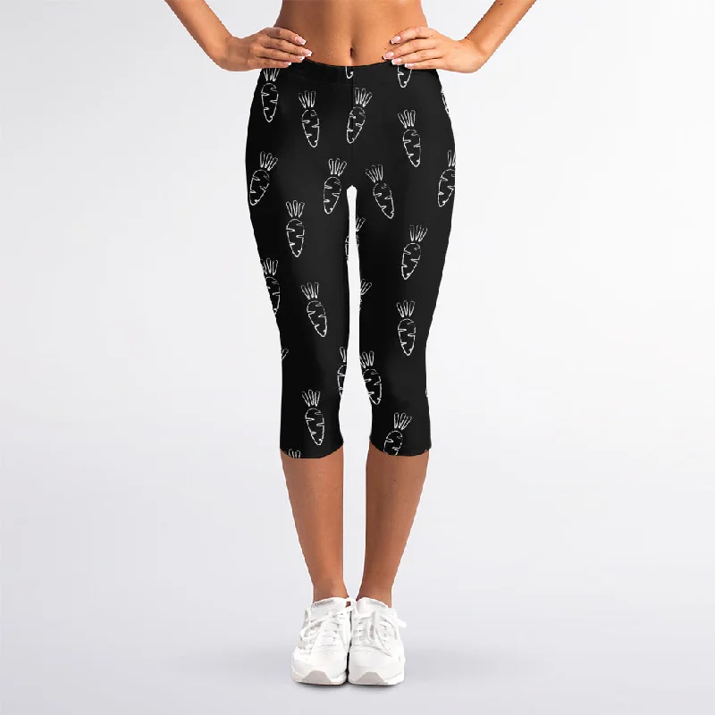 Black And White Carrot Pattern Print Women's Capri Leggings Fashionable High-Rise Leggings