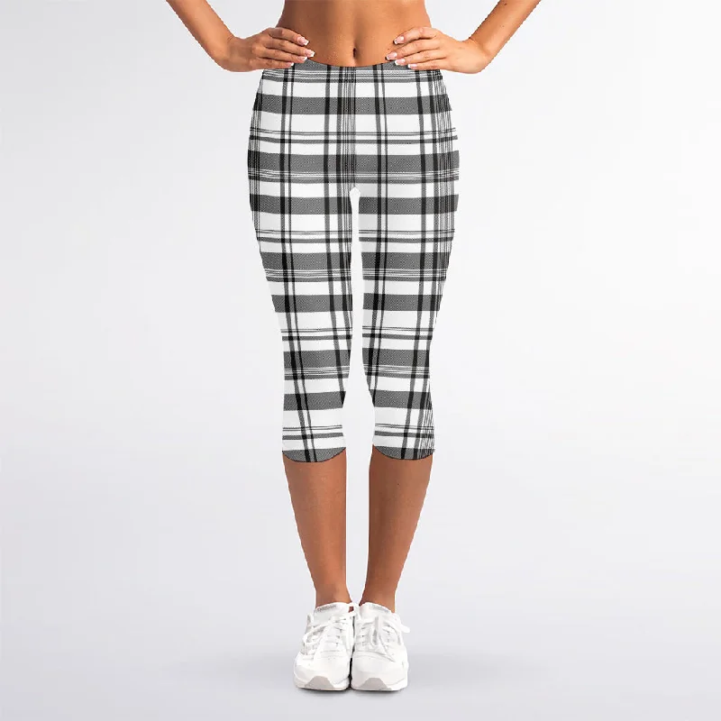 Black And White Madras Pattern Print Women's Capri Leggings Trendy Cut-Out Activewear Leggings