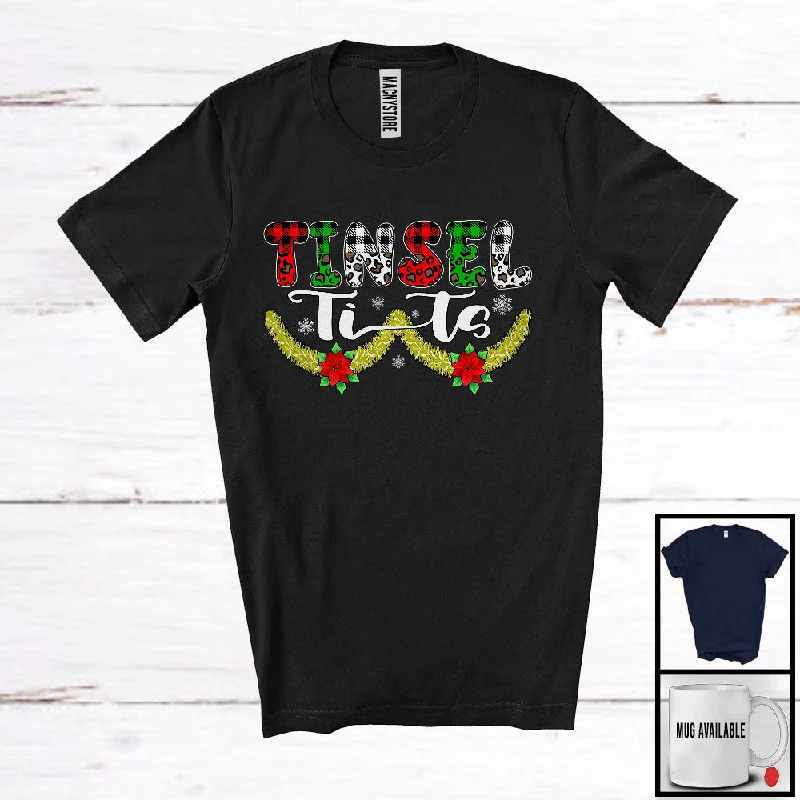 Tinsel Tits; Humorous Christmas Boobs Women Leopard Plaid; Pajama X-mas Family Group T-Shirt Ribbed Striped Patterned