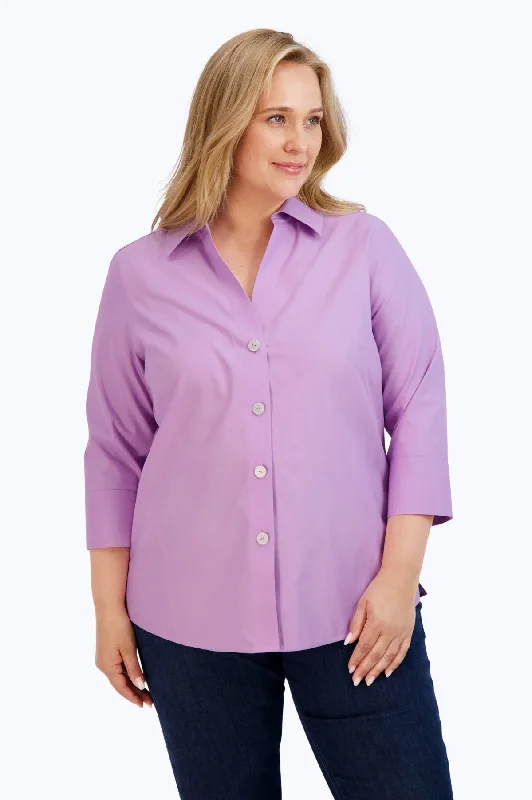 Paityn Plus Pinpoint No Iron 3/4 Sleeve Shirt, Soft Violet Ribbed T-Shirt High Neck Heavyweight