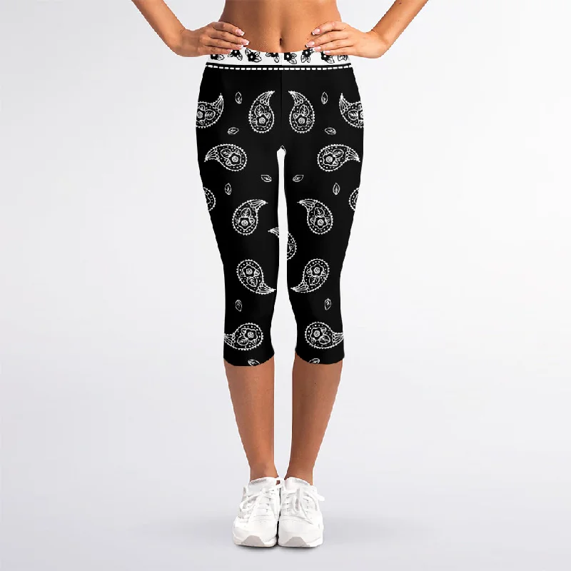 Black And White Bandana Print Women's Capri Leggings Elegant Embellished Leggings