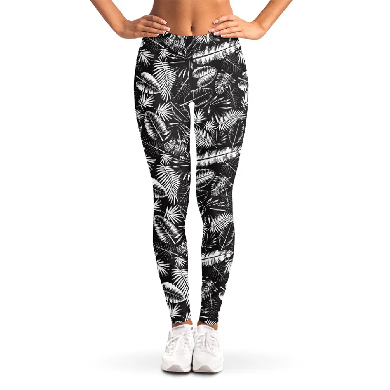 Black And White Tropical Palm Leaf Print Women's Leggings Chic Velvet Soft Leggings