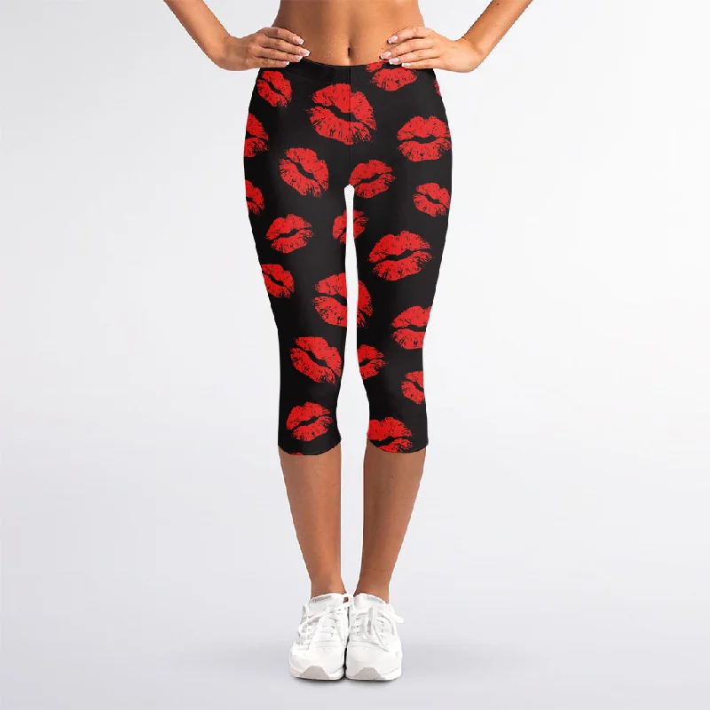Black And Red Lips Pattern Print Women's Capri Leggings Fashionable Quick-Dry Yoga Pants