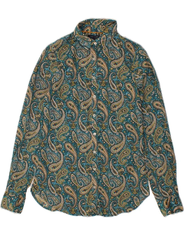 TOMMY HILFIGER Womens Fitted Shirt US 4 Small Blue Paisley Cotton Terry Blend Velvet Blend Canvas Blend