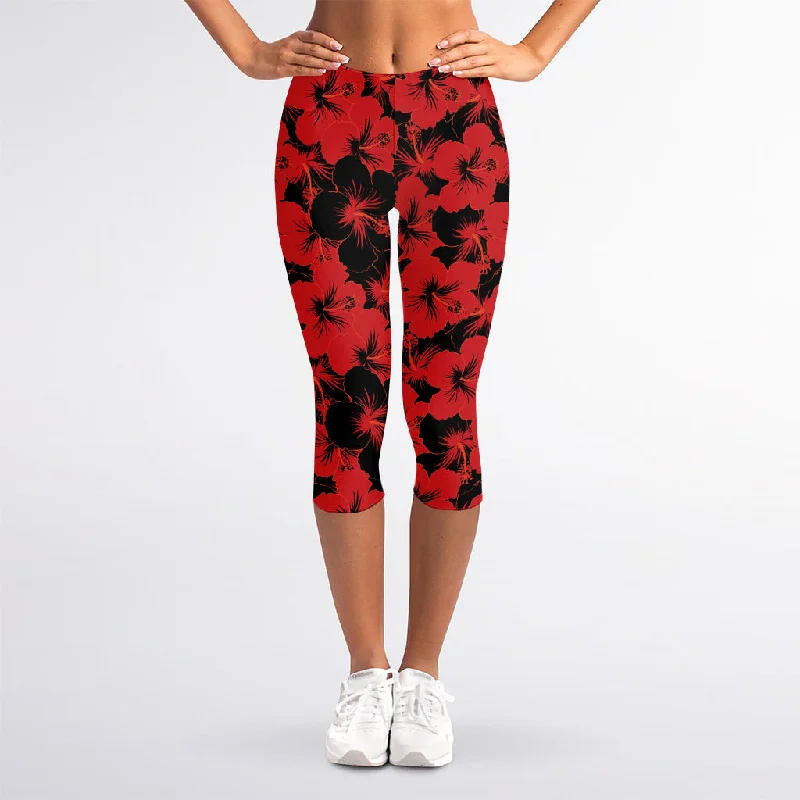 Black And Red Hibiscus Pattern Print Women's Capri Leggings Trendy Colorblock Print Leggings
