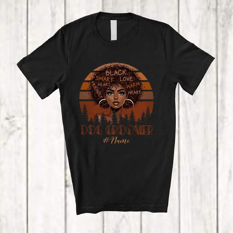 Personalized Vintage Retro Dog Groomer; Amusing Black History Custom Name Afro Women Hair T-Shirt Hooded Caped Shawl Collar