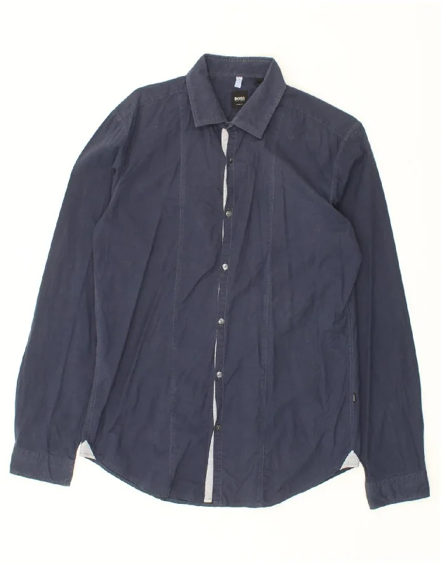 HUGO BOSS Mens Slim Fit Shirt Medium Navy Blue Cotton Ribbed T-Shirt High Neck Heavyweight