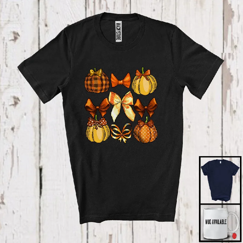 Bow Pumpkin Collection; Adorable Thanksgiving Autumn Fall Plaid Pumpkin Bows; Women Family T-Shirt Asymmetrical Pockets Print