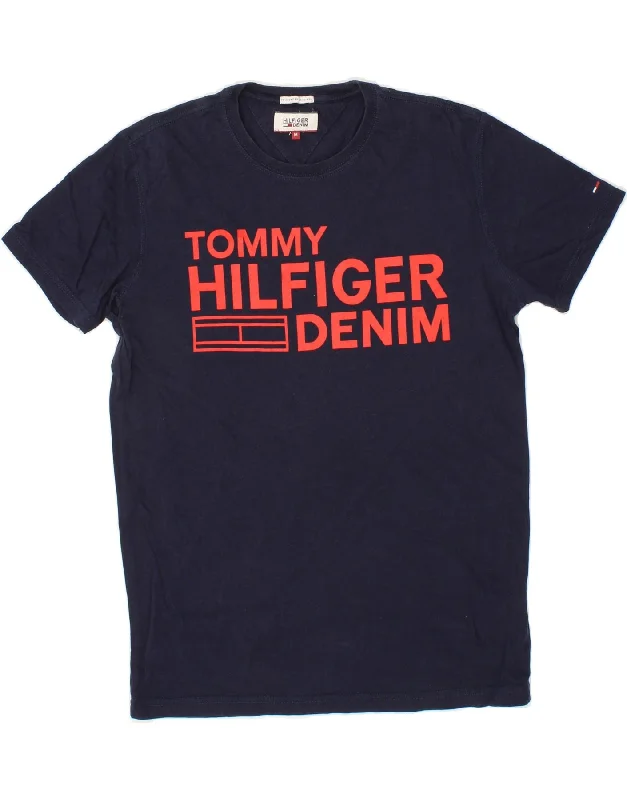 TOMMY HILFIGER Mens Graphic T-Shirt Top Medium Navy Blue Cotton Collared T-Shirt Boat Neck A-Line