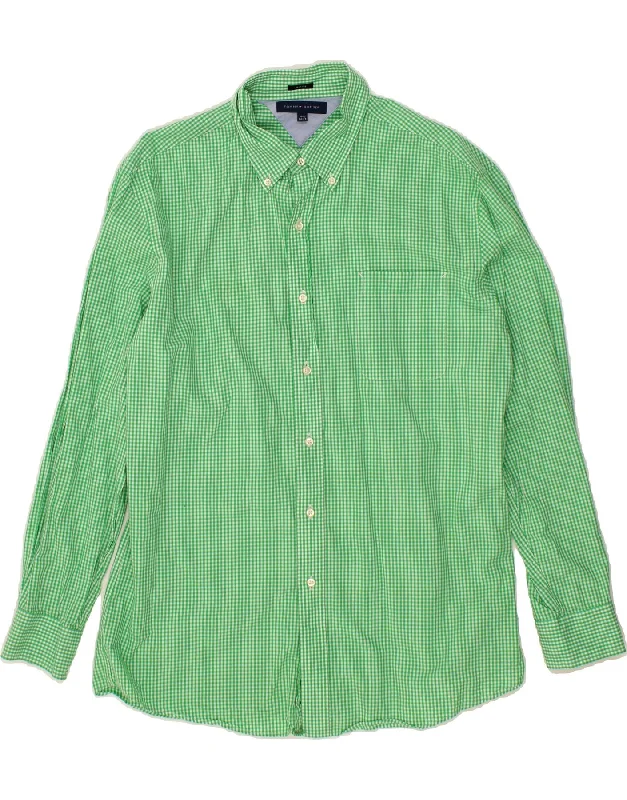 TOMMY HILFIGER Mens Slim Fit Shirt Size 16 1/2 Large Green Gingham Cotton Striped Floral Plaid