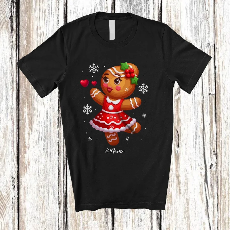 Personalized Custom Name Gingerbread Couple; Lovely Christmas Snowing; Girl Women Baker T-Shirt Anti-Pilling Machine Wash Handmade