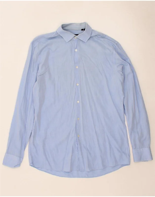 HUGO BOSS Mens Shirt Size 16 Large Blue Cotton Mesh Blend Leather Blend Suede Blend