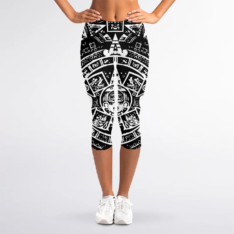 Black And White Maya Calendar Print Women's Capri Leggings Fashionable Quick-Dry Yoga Pants
