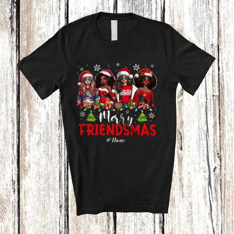 Personalized Merry Friendsmas; Amusing Christmas Custom Name Santa African Women; Family T-Shirt Polka Dot Checkered Tartan