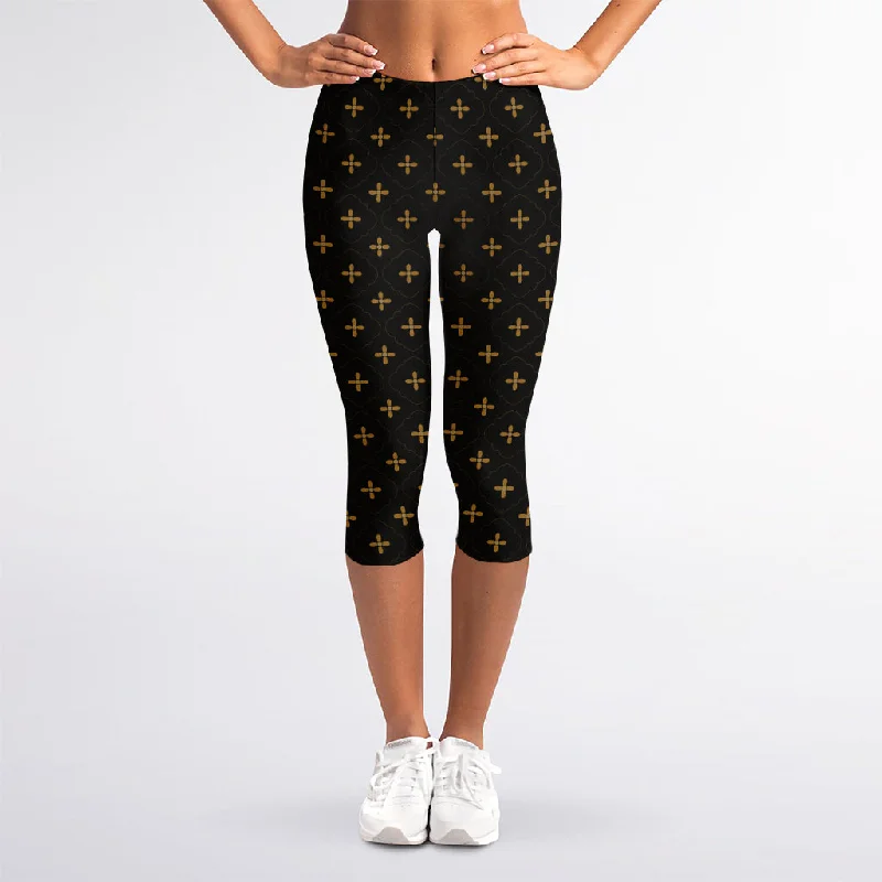 Black And Gold Orthodox Pattern Print Women's Capri Leggings Comfortable Running Leggings
