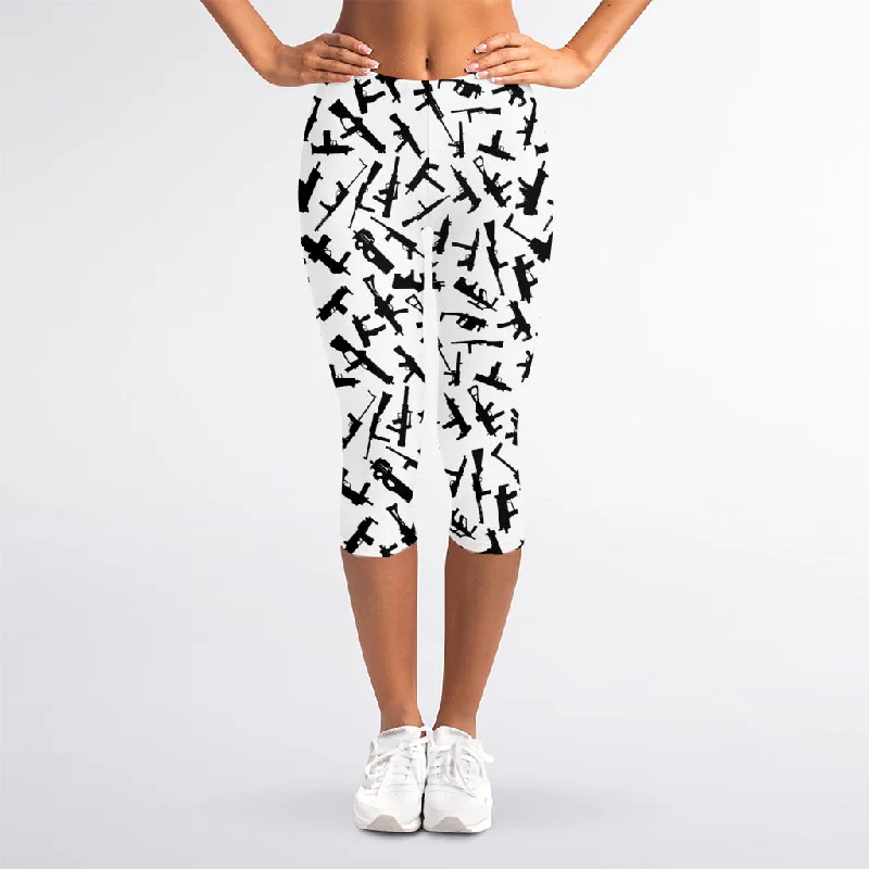 Black And White Guns Pattern Print Women's Capri Leggings Stylish Stretch Pants Leggings