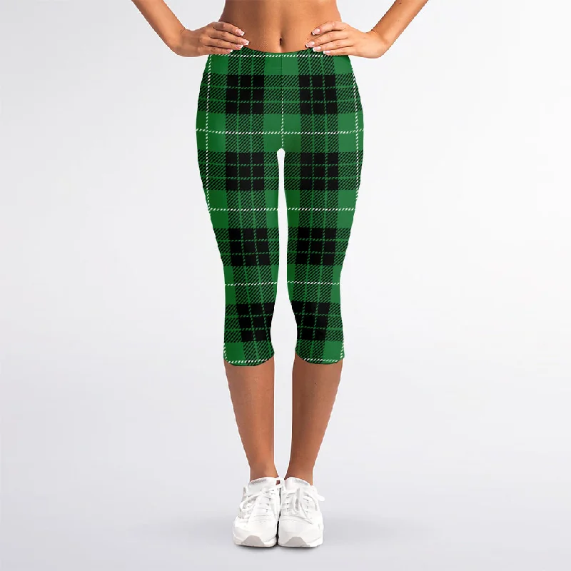 Black And Green Tartan Pattern Print Women's Capri Leggings Stylish Faux Leather Leggings